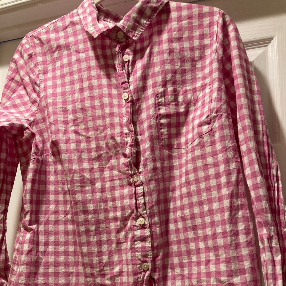 J. Crew Pink and White Gingham Button-Up Blouse